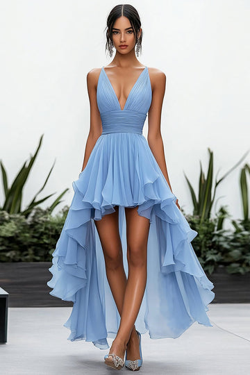 Sky Blue A Line Ruffled V Neck Formal Dress